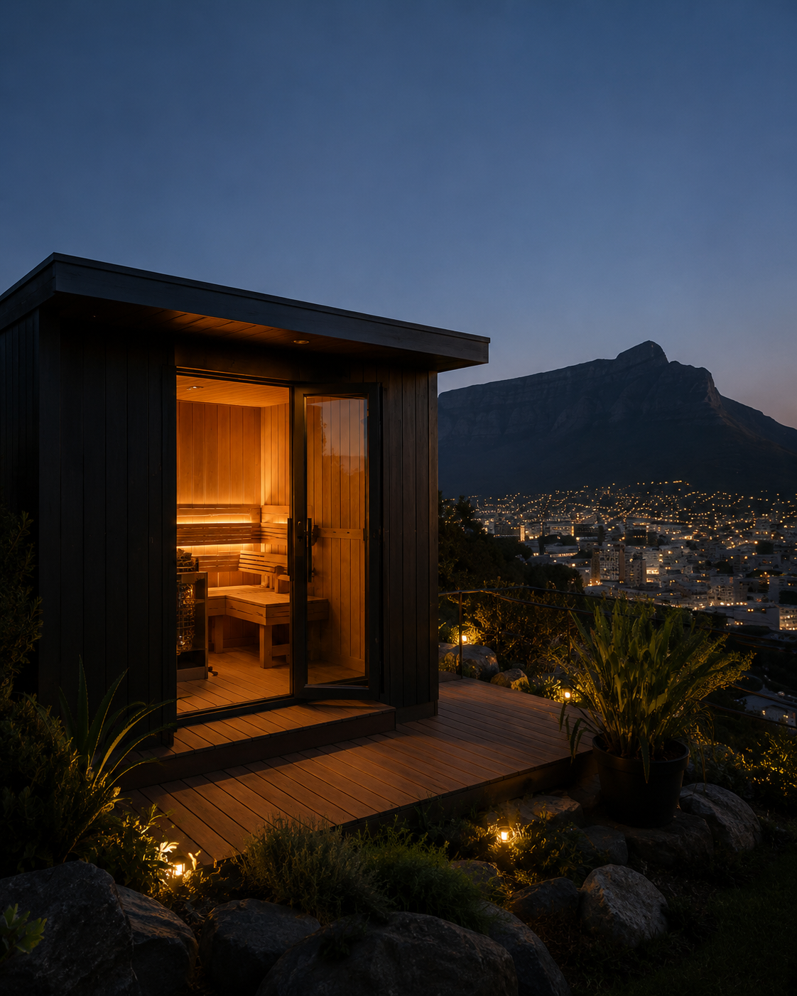 Sauna overlooking Cape Town at blue hour